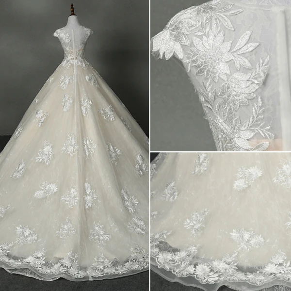 Luxe Champagne Robe Boule Robe De Mariée 2017 Encolure Dégagée Manches Courtes Volants Organza Dentelle Tribunal Train