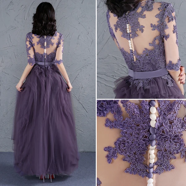 Élégant Grape Robe De Bal 2017 Encolure Dégagée 1/2 Manches Appliques En Dentelle Ceinture Volants Tulle Longue Robe De Ceremonie