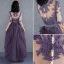 Élégant Grape Robe De Bal 2017 Encolure Dégagée 1/2 Manches Appliques En Dentelle Ceinture Volants Tulle Longue Robe De Ceremonie