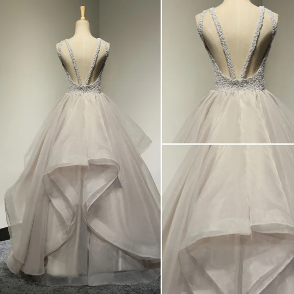 Chic / Beautiful Grey Prom Dresses 2017 Formal Dresses Evening Dresses  A-Line / Princess Scoop Neck Sleeveless Beading Ruffle Backless Organza