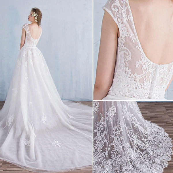 Modern / Fashion A-Line / Princess Beach Wedding Dresses 2017 Short Sleeve Backless Appliques White Glitter Lace Bow Sash Detachable Chapel Train