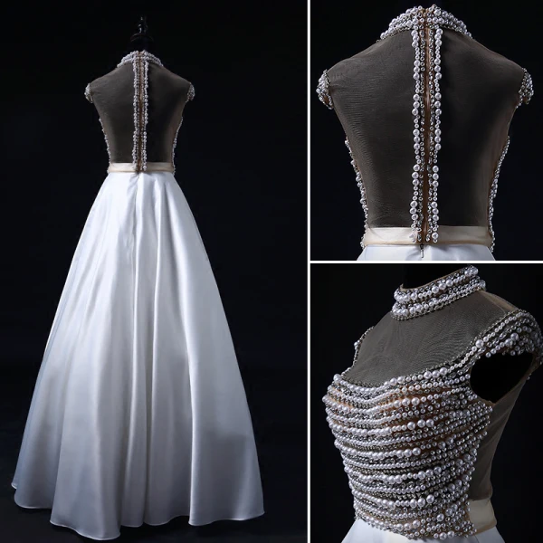 Luxury / Gorgeous Pearl Prom Dresses 2017 High Neck Beading Crystal Backless White Satin Formal Dresses