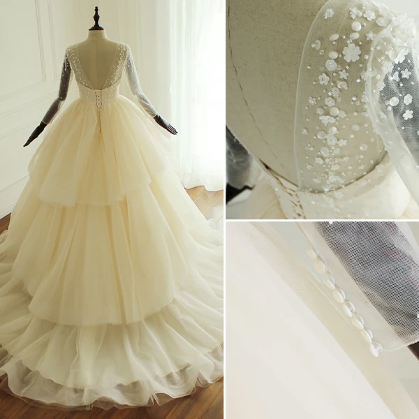 Luxury / Gorgeous Champagne Wedding Dresses 2017 Scoop Neck Long Sleeve Beading Artificial Flowers Backless Cascading Ruffles Tulle Ball Gown Chapel Train