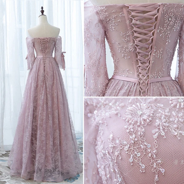 Chic / Belle Robe De Soirée 2017 De l'épaule 1/2 Manches Perlage Noeud Ceinture Volants Dentelle Longue Robe De Ceremonie
