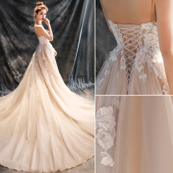 Romantic Beach Wedding Dresses 2017 A-Line / Princess Sleeveless Spaghetti Straps Appliques Lace Flower Beading Backless Champagne Ruffle Tulle Chapel Train