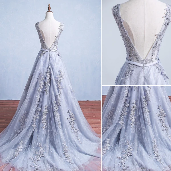 Elegant Grey Prom Dresses 2017 Appliques Lace Sleeveless Backless Sash Ruffle Tulle Formal Dresses