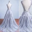 Elegant Grey Prom Dresses 2017 Appliques Lace Sleeveless Backless Sash Ruffle Tulle Formal Dresses
