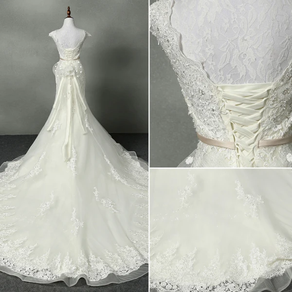 Schöne Mermaid Brautkleider 2017 V-Ausschnitt Applikationen Perlenstickerei Strass Schleife Stoffgürtel Rückenfreies Spitze Organza Ivory / Creme Kapelle-Schleppe