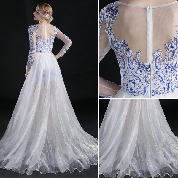 Chinese style Asymmetrical Evening Dresses 2017 A-Line / Princess Scoop Neck Long Sleeve Embroidered Flower White Organza Detachable Formal Dresses
