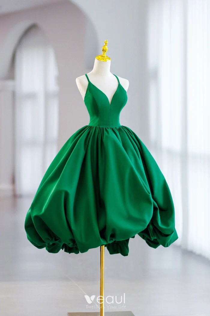 Chic / Beautiful Green Satin Short Prom Dresses 2024 Ball Gown Spaghetti  Straps Sleeveless Backless Prom Formal Dresses