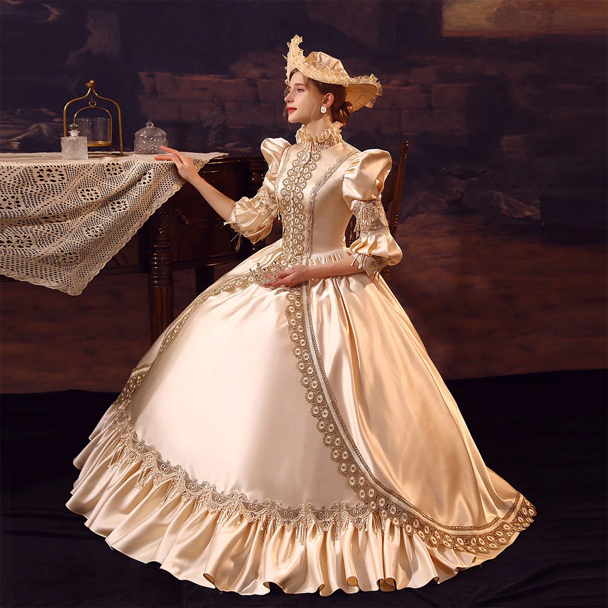 Medieval Vintage Retro Champagne Ball Gown Prom Dresses 2024 3D Lace Satin Cosplay High