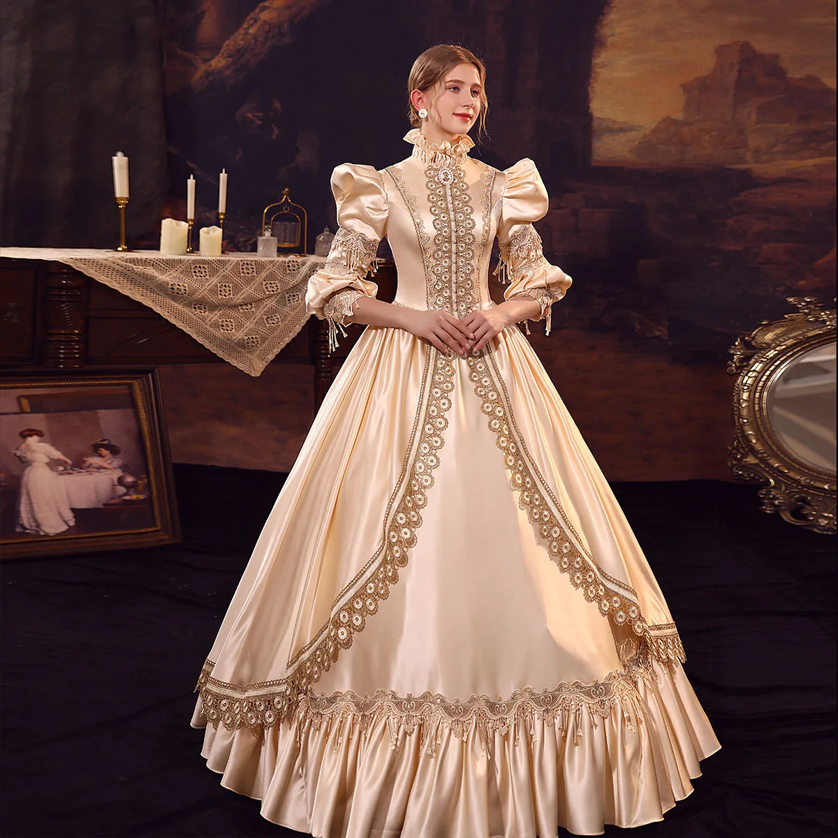 Medieval Vintage Retro Champagne Ball Gown Prom Dresses 2024 3D Lace Satin Cosplay High Medieval Vintage Retro Champagne Ball Gown Prom Dresses 2024 3D Lace Satin Cosplay High