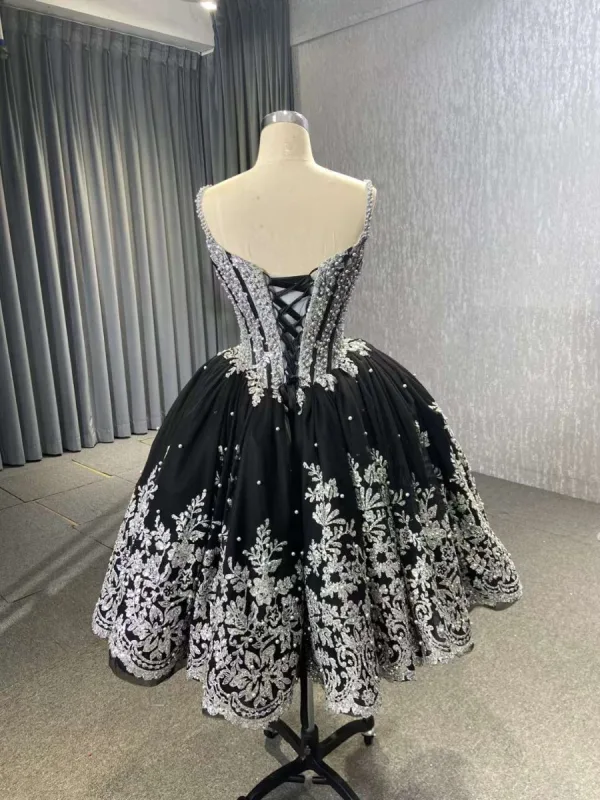 Luxe Noire Argenté Robe De Bal 2024 Bretelles croisées En Dentelle Perle Tulle Robe De Cérémonie
