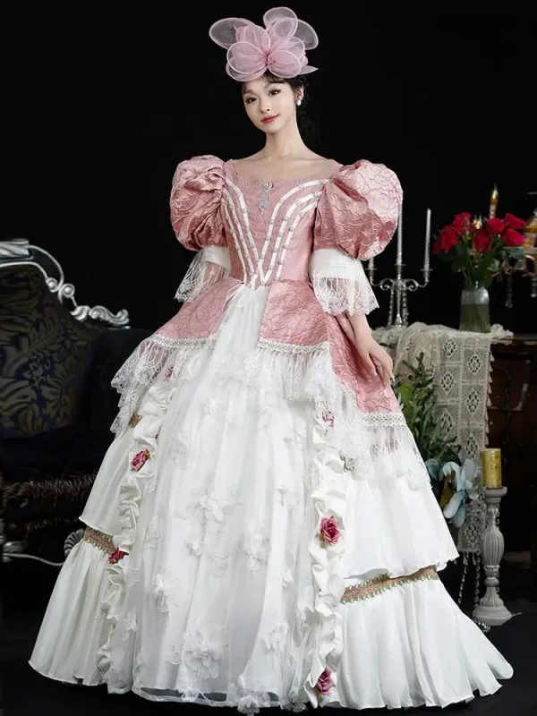 Vintage / Retro Medieval Blushing Pink Prom Dresses 2024 3D Lace Floral Pearl Floor-Length / Long U-Neck 1/2 Sleeves Cosplay Ball Gown Prom Formal Dresses