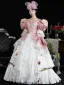 Vintage / Retro Medieval Blushing Pink Prom Dresses 2024 3D Lace Floral Pearl Floor-Length / Long U-Neck 1/2 Sleeves Cosplay Ball Gown Prom Formal Dresses