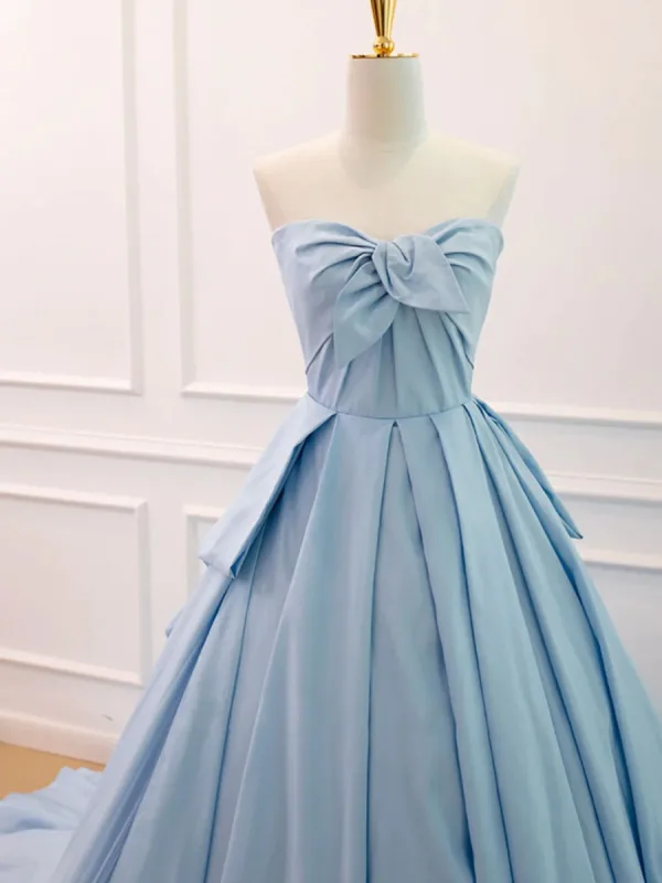 Fashion Satin Sky Blue Prom Dresses 2024 Ball Gown Strapless Sleeveless Backless Sweep Train Formal Dresses