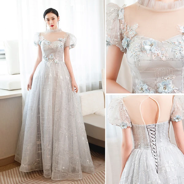 Charming Silver Grey Beading Pearl Sequins Lace Flower Prom Dresses 2023 A-Line / Princess High Neck Short Sleeve Backless Floor-Length / Long Prom Formal Dresses