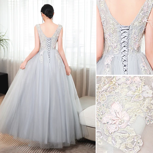 Chic / Beautiful Sky Blue Rhinestone Lace Flower Prom Dresses 2023 A-Line / Princess Scoop Neck Sleeveless Backless Floor-Length / Long Prom Formal Dresses