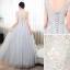 Chic / Beautiful Sky Blue Rhinestone Lace Flower Prom Dresses 2023 A-Line / Princess Scoop Neck Sleeveless Backless Floor-Length / Long Prom Formal Dresses