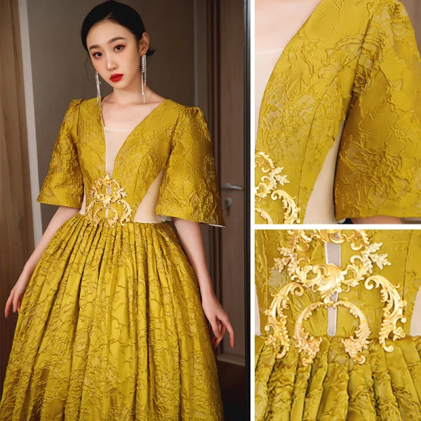 Elegant Gold Yellow Prom Dresses 2023 A-Line / Princess Square Neckline Short Sleeve Backless Floor-Length / Long Formal Dresses