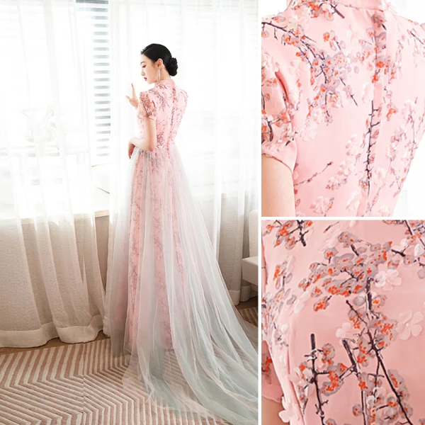Chic / Beautiful Blushing Pink Printing Prom Dresses 2023 A-Line / Princess High Neck Short Sleeve Floor-Length / Long Prom Formal Dresses