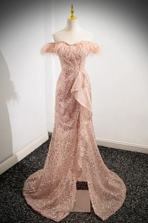 Scintillantes Champagne Perlage Paillettes Robe De Bal 2024 Trompette / Sirène Gland De l'épaule Sans Manches Dos Nu Train De Balayage Promo Robe De Ceremonie