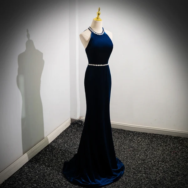 Elegant Navy Blue Pearl Velvet Prom Dresses 2024 Trumpet / Mermaid Halter Sleeveless Backless Bow Floor-Length / Long Prom Formal Dresses