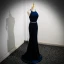 Elegant Navy Blue Pearl Velvet Prom Dresses 2024 Trumpet / Mermaid Halter Sleeveless Backless Bow Floor-Length / Long Prom Formal Dresses