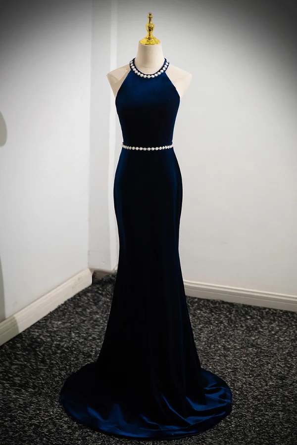 Elegant Navy Blue Pearl Velvet Prom Dresses 2024 Trumpet / Mermaid Halter Sleeveless Backless Bow Floor-Length / Long Prom Formal Dresses