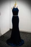 Elegant Navy Blue Pearl Velvet Prom Dresses 2024 Trumpet / Mermaid Halter Sleeveless Backless Bow Floor-Length / Long Prom Formal Dresses