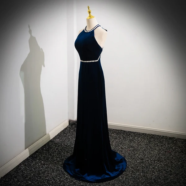 Elegant Navy Blue Pearl Velvet Prom Dresses 2024 Trumpet / Mermaid Halter Sleeveless Backless Bow Floor-Length / Long Prom Formal Dresses
