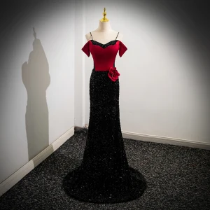 Chic Beautiful Burgundy Flower Sequins Satin Prom Dresses 2024 Trumpet Mermaid Spaghetti Straps Sleeveless Backless Sweep Train Prom Formal Dresses