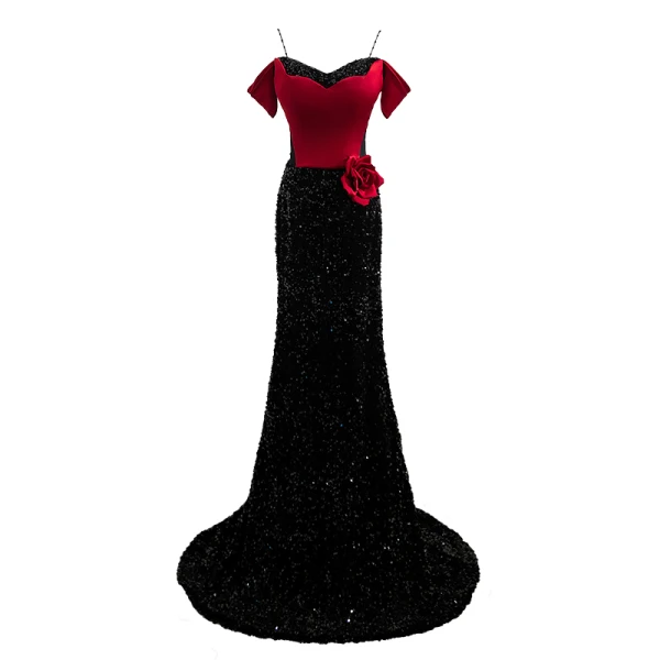 Chic / Belle Bordeaux Fleur Paillettes Satin Robe De Bal 2024 Trompette / Sirène Bretelles Spaghetti Sans Manches Dos Nu Train De Balayage Promo Robe De Ceremonie