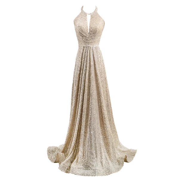 Glitzernden Gold Pailletten Abendkleider 2024 A Linie Neckholder Mit Schal Ärmellos Rückenfreies Sweep / Pinsel Zug Abend Festliche Kleider