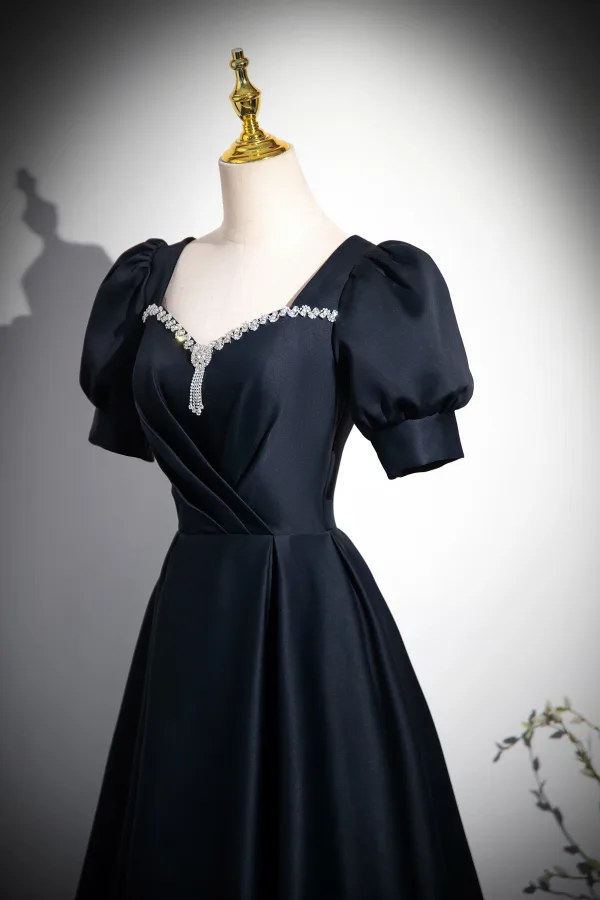 Elegant Black Rhinestone Prom Dresses 2024 A-Line / Princess Square Neckline Puffy Short Sleeve Backless Floor-Length / Long Prom Formal Dresses