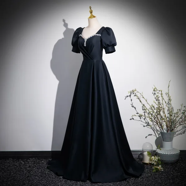 Elegant Black Rhinestone Prom Dresses 2024 A-Line / Princess Square Neckline Puffy Short Sleeve Backless Floor-Length / Long Prom Formal Dresses