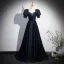 Elegant Black Rhinestone Prom Dresses 2024 A-Line / Princess Square Neckline Puffy Short Sleeve Backless Floor-Length / Long Prom Formal Dresses