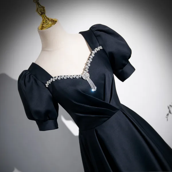 Elegant Black Rhinestone Prom Dresses 2024 A-Line / Princess Square Neckline Puffy Short Sleeve Backless Floor-Length / Long Prom Formal Dresses