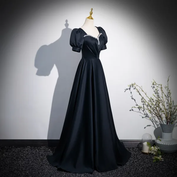 Elegant Black Rhinestone Prom Dresses 2024 A-Line / Princess Square Neckline Puffy Short Sleeve Backless Floor-Length / Long Prom Formal Dresses