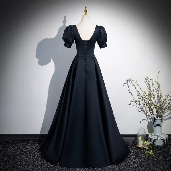 Elegant Black Rhinestone Prom Dresses 2024 A-Line / Princess Square Neckline Puffy Short Sleeve Backless Floor-Length / Long Prom Formal Dresses