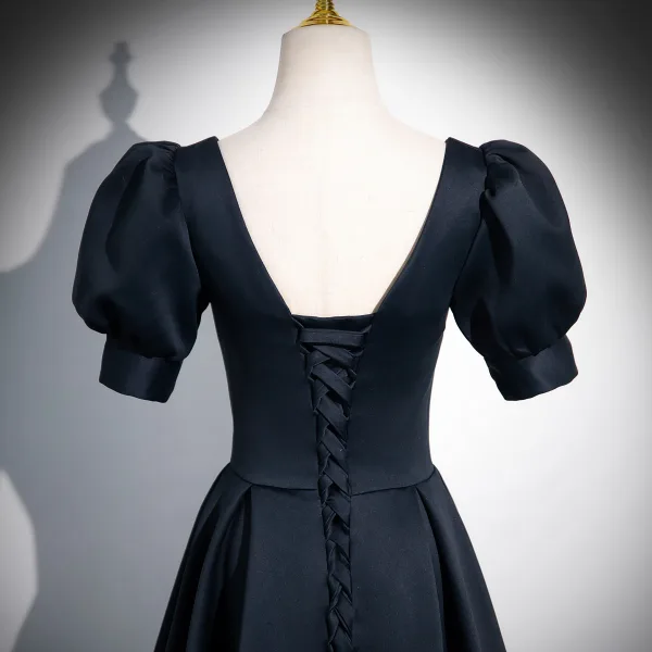Elegant Black Rhinestone Prom Dresses 2024 A-Line / Princess Square Neckline Puffy Short Sleeve Backless Floor-Length / Long Prom Formal Dresses