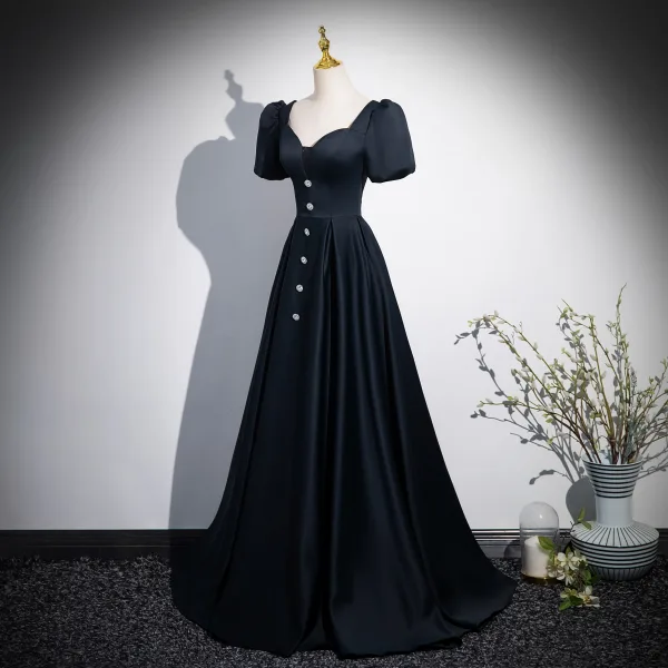 Vintage / Retro Black Satin Prom Dresses 2024 A-Line / Princess Square Neckline Short Sleeve Backless Floor-Length / Long Prom Formal Dresses