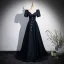 Vintage / Retro Black Satin Prom Dresses 2024 A-Line / Princess Square Neckline Short Sleeve Backless Floor-Length / Long Prom Formal Dresses