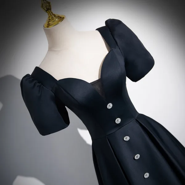 Vintage / Retro Black Satin Prom Dresses 2024 A-Line / Princess Square Neckline Short Sleeve Backless Floor-Length / Long Prom Formal Dresses