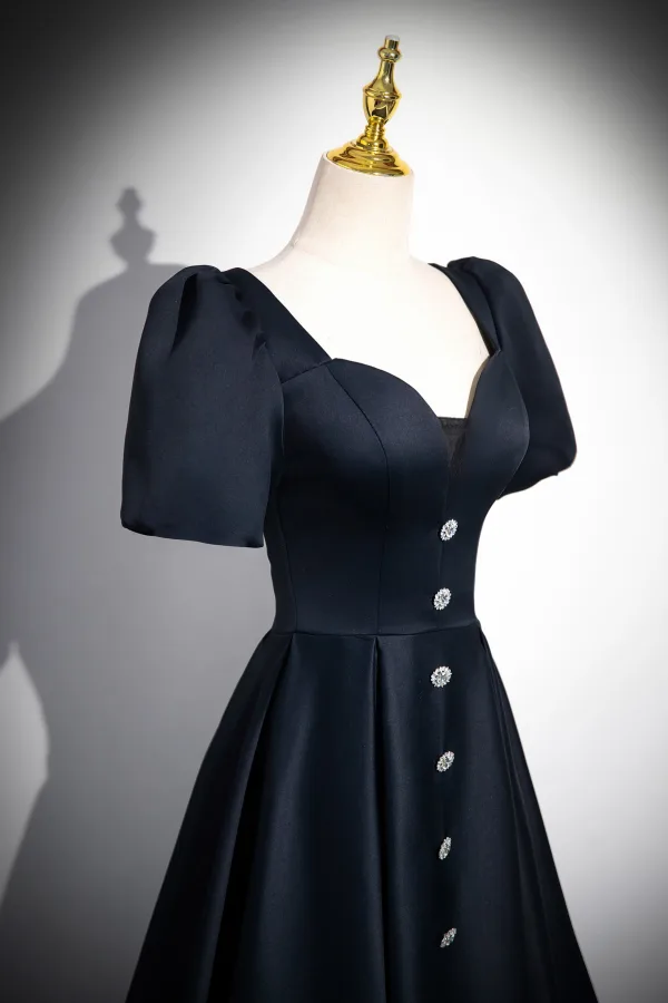 Vintage / Retro Black Satin Prom Dresses 2024 A-Line / Princess Square Neckline Short Sleeve Backless Floor-Length / Long Prom Formal Dresses