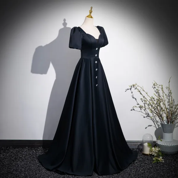Vintage / Retro Black Satin Prom Dresses 2024 A-Line / Princess Square Neckline Short Sleeve Backless Floor-Length / Long Prom Formal Dresses