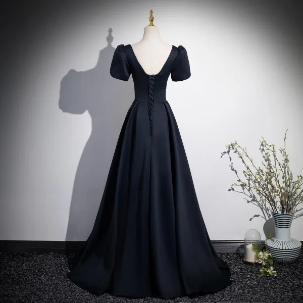Vintage / Retro Black Satin Prom Dresses 2024 A-Line / Princess Square Neckline Short Sleeve Backless Floor-Length / Long Prom Formal Dresses
