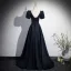 Vintage / Retro Black Satin Prom Dresses 2024 A-Line / Princess Square Neckline Short Sleeve Backless Floor-Length / Long Prom Formal Dresses