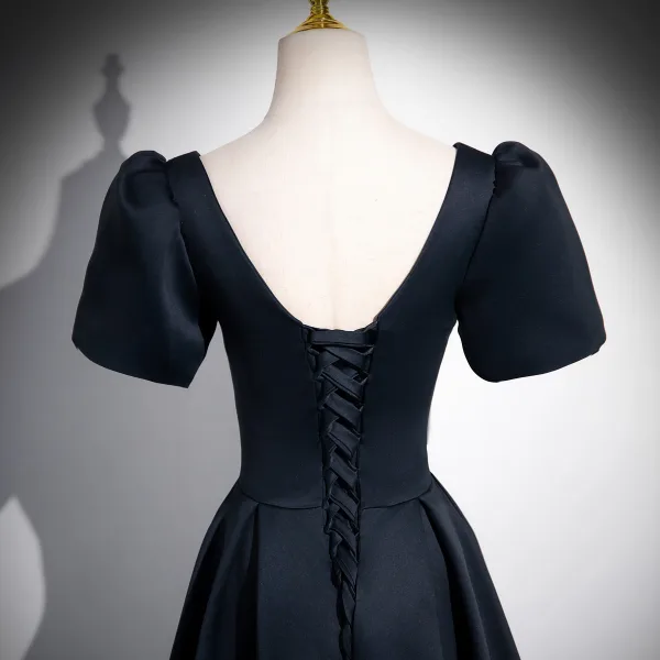 Vintage / Retro Black Satin Prom Dresses 2024 A-Line / Princess Square Neckline Short Sleeve Backless Floor-Length / Long Prom Formal Dresses