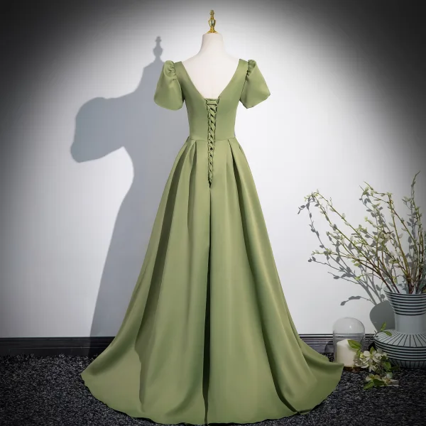 Élégant Vert Cendré Satin Robe De Bal 2024 Princesse Encolure Carrée Manches Courtes Dos Nu Longue Promo Robe De Ceremonie